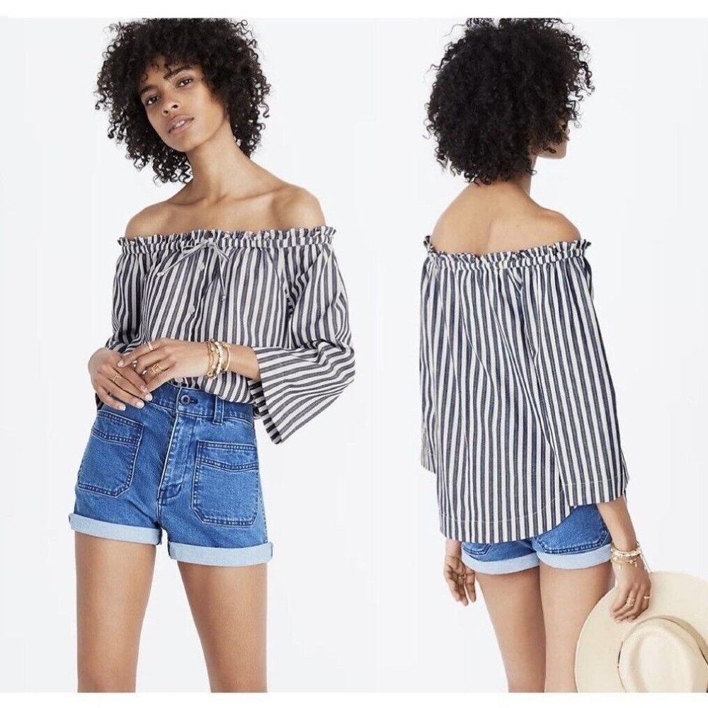 Madewell Shimmer Stripe Off the Shoulder Top Women Size Medium Indigo Blue White